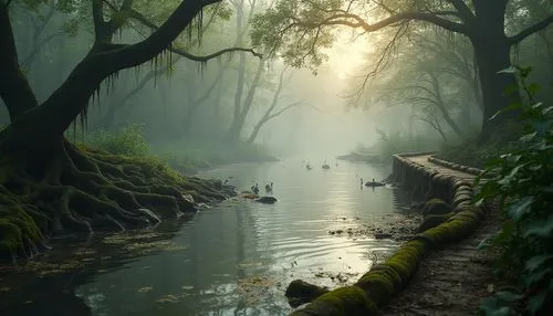 Wetland ecosystem, misty atmosphere, serene natural habitat, murky waters, tangled aquatic plants, twisted tree roots, moss-covered stones, wooden boardwalk, winding river, soft fog rolling in, warm s