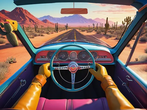 behind the wheel,3d car wallpaper,open road,retro car,retro vehicle,steering wheel,game car,car dashboard,desert safari,dashboard,drive,leather steering wheel,desert run,windshield,rear-view mirror,retro automobile,car hop,alpine drive,driving car,cockpit,Art,Artistic Painting,Artistic Painting 30