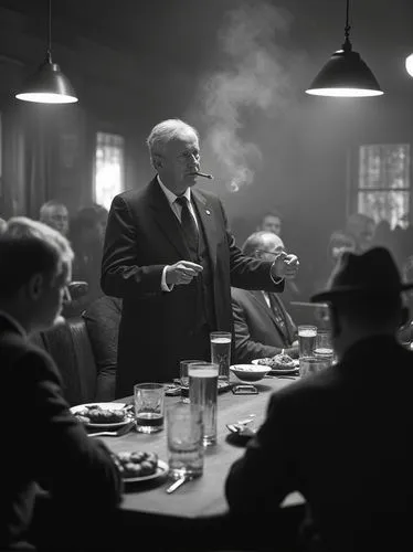 Realistic black and white photo: In a southern German restaurant hall, a conservative politician in a suit and tie, standing and not smoking, speaks to his listeners, who are gathered around several t