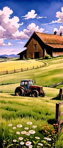 farm landscape,farm background,rural landscape,agricultural scene,rural,heartland,country side,prairies,bucolic,salt meadow landscape,farm tractor,grassfields,farm,farms,grasslands,country,prairie,farmstead,plains,hay farm,Illustration,Paper based,Paper Based 30