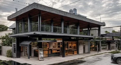 The image depicts a skyscraper adorned with sleek black appliances and high-tech appliances, surrounded by a cityscape of sleek metal buildings. The exterior façade is a stunning blend of urban and na