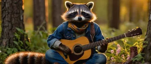 Raccoon, sitting, playing acoustic guitar, forest, sunset, warm lighting, detailed fur, cute face, bandana, denim overalls, brown boots, surrounded by trees, vines, flowers, wooden logs, relaxed atmos