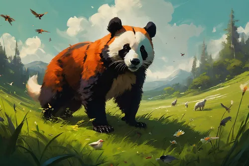 Create a heartwarming poem about a chiguire and its playful interactions with other animals in a lush meadow.,red panda,giant panda,panda,little panda,chinese panda,badger,panda bear,world digital pai