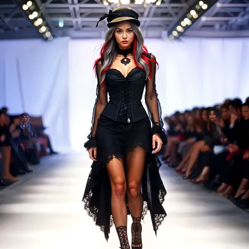 the woman in black dress is walking down the runway,runway,dress walk black,catwalk,leather hat,runways,catwalks