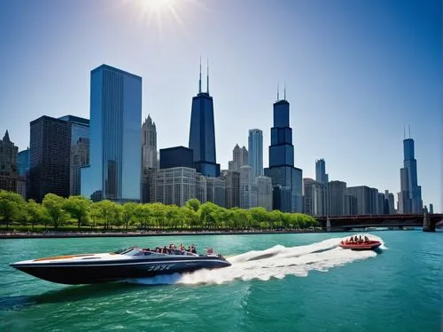 Chicago Architecture Foundation River Cruise, daytime, sunny weather, calm Lake Michigan waters, sleek modern speedboat, tourists wearing casual summer clothing, sunglasses, holding cameras, excited e