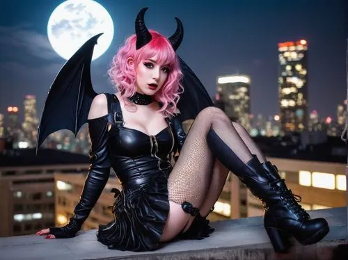 Monster girl, demonic horns, sharp teeth, cute face, pink hair clips, curly blue hair, red eyes, heavy black eyeliner, pale skin, bat-like wings, ripped fishnet stockings, leather skirt, chunky boots,