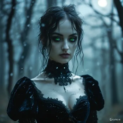 Perfect skin, nose,a woman with green eyes stands in a forest,gothic woman,gothic portrait,enchantress,fantasy portrait,mystical portrait of a girl,dark gothic mood,the enchantress,dark angel,gothika,