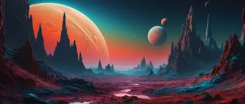 a psychedelic trip to another world.
use blueish and redish  tones with white mist,alien planet,alien world,futuristic landscape,barsoom,space art,extrasolar,fantasy landscape,red planet,gliese,planet