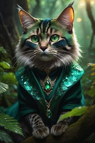 Exotic salamandra cat, mystical eyes, whiskers, pointed ears, fluffy fur, iridescent scales, shimmering emerald green coat, sparkling collar with gemstones, velvet paws, majestic pose, ancient forest,