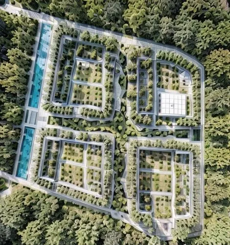 Top View, Landscape design, surround by dense jungle,french military graveyard,ecovillages,sierpinski,giardino,hahnenfu greenhouse,private estate,giardini,vienna's central cemetery,ecovillage,espalier