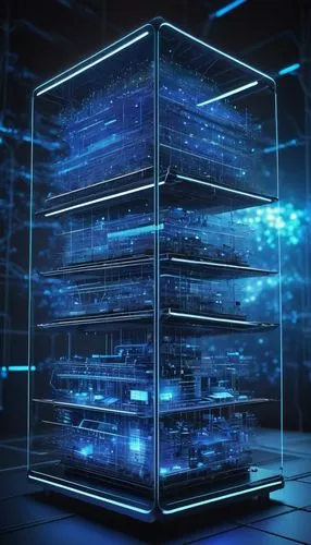 Complex active directory architecture diagram, 3D illustration, futuristic digital background, glowing blue lines, spheres, and cubes, detailed servers, routers, switches, firewalls, databases, domain