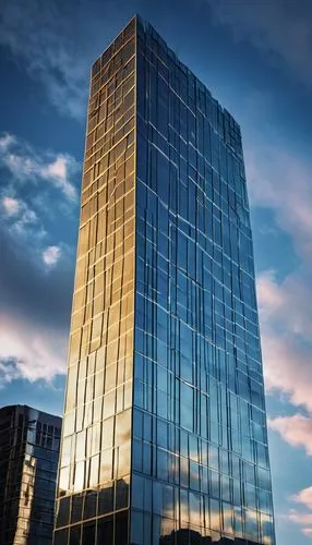 Futuristic, sleek spec architecture, modern skyscraper, glass and steel structure, reflective surfaces, sharp angles, minimalist design, cityscape background, evening time, neon lights illuminating th