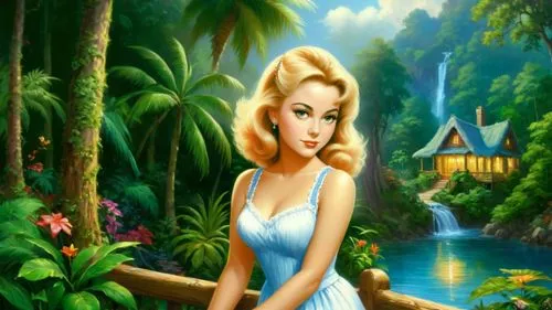 Romantic masterpiece oil painting, cute girl portrait, nostalgic 1950's style kitsch, vibrant rainforest cottage landscape, lush tropical jungle paradise, summer beach scenery, by Thomas Kinkade, by B