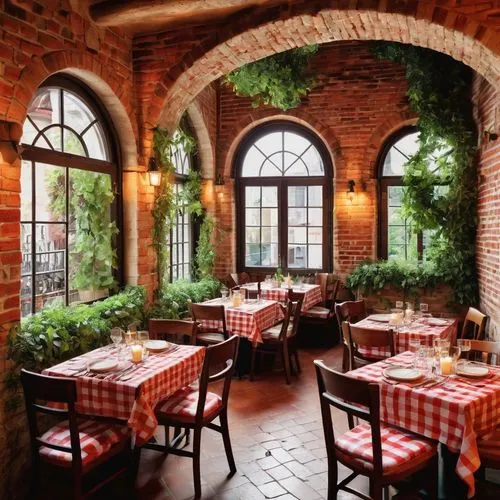 Cozy Italian restaurant, indoor scene, vintage decorations, rustic wooden tables, red-and-white-checkered tablecloths, dim warm lighting, candles on tables, wine bottles and glasses, traditional Itali