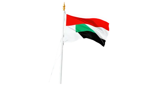 Dubai flag, United Arab Emirates symbol, white Arabic script, red background, golden font, waving in wind, fluttering, solo, daytime, sunlight, 3/4 composition, shallow depth of field, warm color tone