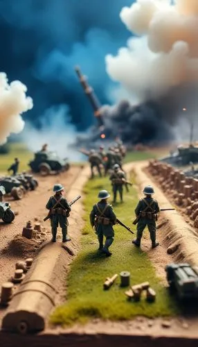 Miniature world war 2 between 2 nation against each soldiers and cannon firing upon eachother. Epic battle scene ,a bunch of toy soldiers with various guns,diorama,iwo jima,lost in war,panzerkorps,pan