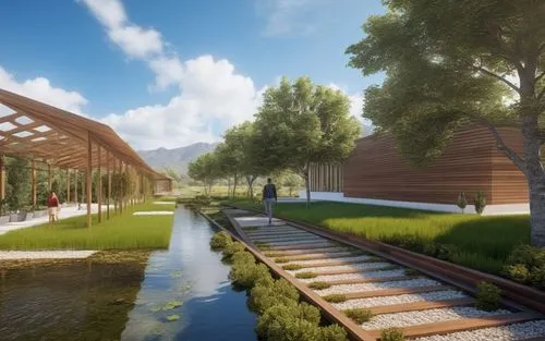 acequia,ecovillages,houseboats,wooden bridge,renderings,boathouses,branchline,3d rendering,covered bridge,ecotopia,ecovillage,cohousing,floating huts,wooden train,elevated railway,skyrail,footbridges,archidaily,houseboat,zidell,Photography,General,Realistic