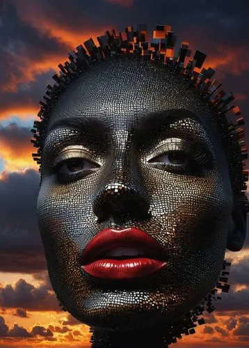 wood and carven fibonaci spiral sunset  in the clouds,, pixelated image,  Transform pixelated videos into high-definition footage. dark and  redlips, salvador dali dark matter
,african art,african wom