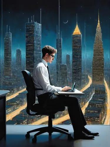 man with a computer,night administrator,schuiten,schuitema,blur office background,modern office,sci fiction illustration,telepresence,telecommuters,cybertrader,telecommuting,telecommute,computerologist,business world,futurists,computer business,cybercity,world digital painting,cybertown,computerization,Art,Artistic Painting,Artistic Painting 49