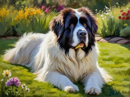 Newfoundland dog, bernewfie, fluffy white coat, brown eyes, floppy ears, wagging tail, sitting, garden, green grass, colorful flowers, sunny day, warm light, 3/4 composition, shallow depth of field, c