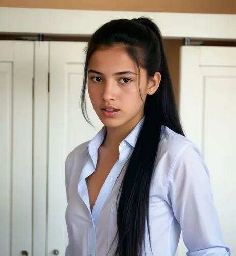 Moroccan girl about 18 years old, long black hair, smooth, gathered in a ponytail.  She is in the room in front of the wardrobe wearing an open button shirt and underwear and is debating.,a woman with