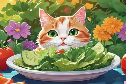 garden salad,salad plant,green salad,salad plate,salad,crudités,salad garnish,flower cat,salad bar,cat food,watermelon background,spinach salad,cut salad,cat vector,side salad,farmer's salad,rocket salad,cat image,caterer,placemat,Illustration,Japanese style,Japanese Style 07