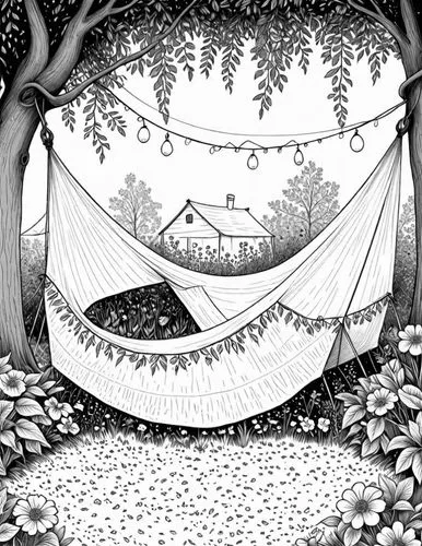 a pen drawing of a hammock and flowers,hammock,hammocks,garden swing,swingset,woodring,tent,Design Sketch,Design Sketch,Detailed Outline