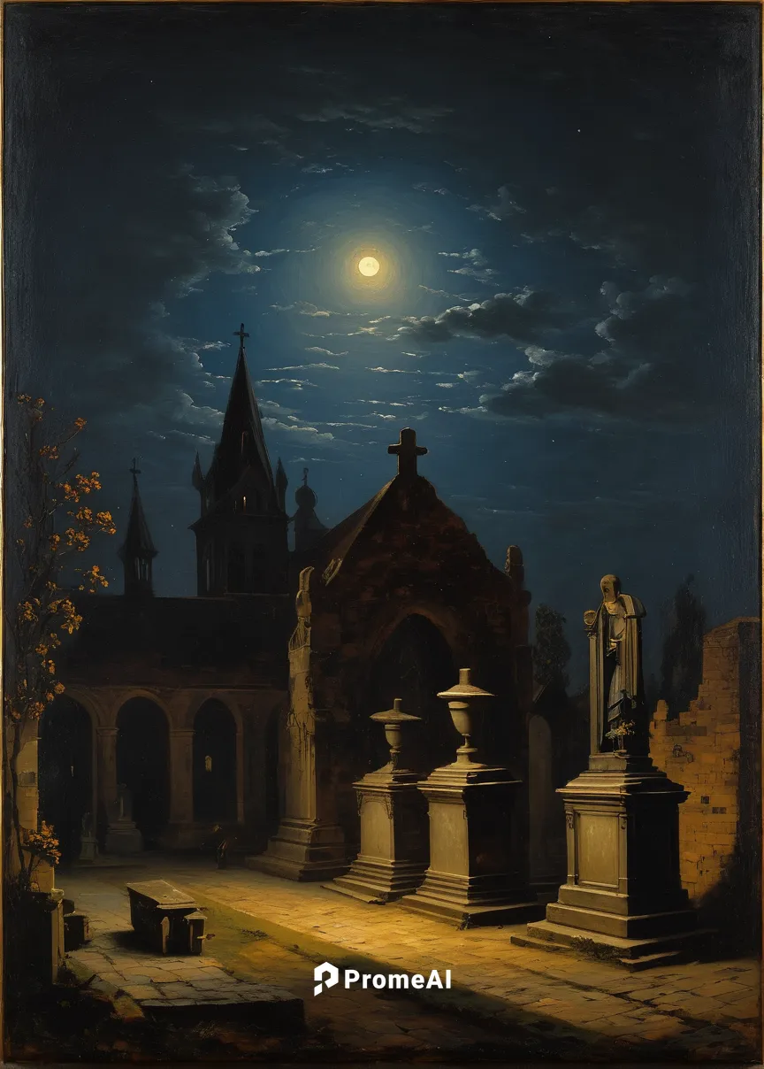 Describe the hauntingly beautiful funeral urns in a moonlit cemetery.,night scene,at night,moonlit night,constable,kunsthistorisches museum,delft,mortuary temple,night image,night view,gothic church,s