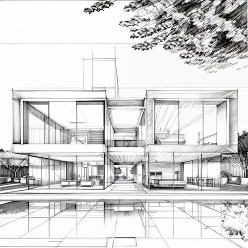 Architectural sketches drawn with ink pen, please express them in detail.,house drawing,architect plan,archidaily,glass facade,landscape design sydney,modern house,house floorplan,cubic house,modern a