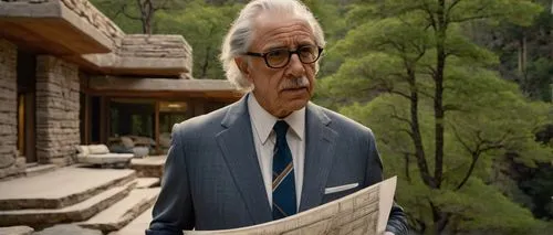 Lloyd Wright, American architect, standing, middle-aged, glasses, grey suit, white shirt, tie, holding blueprints, serious expression, desert landscape, Fallingwater, organic architecture, stone walls