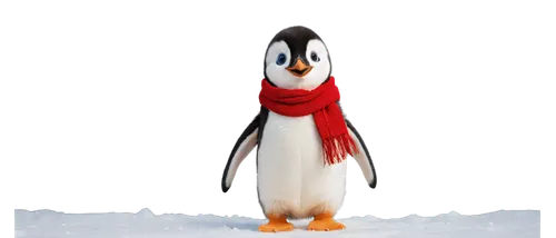 Adorable penguin, wearing red woolen scarf, tuxedo-like feathers, little flippers, cute beak, shiny eyes, solo, (3yo), standing upright, looking up, winter scene, softbox lighting, 3/4 composition, pa