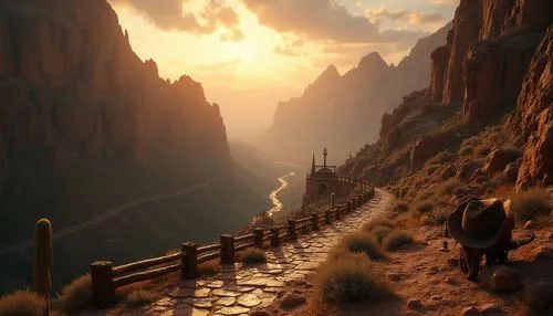 Canyon-inspired atmosphere, majestic landscape, rocky cliffs, deep valley, vast desert sky, warm golden light, soft mist, distant stormy clouds, cacti scattered along the terrain, winding stone path, 