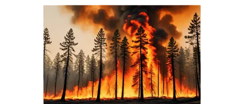 Wildfire, blazing flames, orange and yellow hues, smoke billowing upwards, burning trees, charred trunks, scorched earth, intense heat waves, dynamic composition, low-angle shot, dramatic lighting, wa