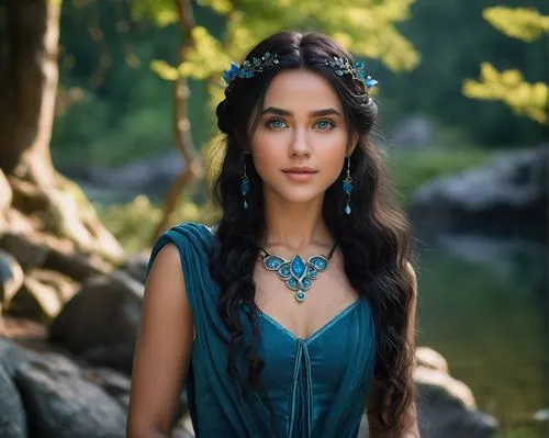 A beautiful (((20 years old))) elf woman, black hair and bright blue eyes. She is dressed with a beautiful elvish gown. Mystical and ethereal vibes. Lord of the Rings aesthetics. Realistic detailed. s