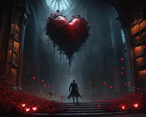 "A man falling down a precipice towards a giant heart, leaving a wake of small hearts",the heart of,valentines day background,heart background,lovecraftian,valentine background,sci fiction illustratio