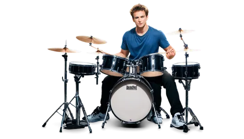 Drummer, male, dynamic pose, drumsticks in hands, drum set behind, shiny metallic drums, bright stage lights, spotlight on drummer, energetic facial expression, sweaty forehead, messy hair, casual clo