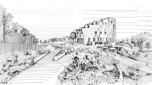 line drawing,landscape plan,highline,street plan,urban design,mono-line line art,terraced,townscape,hand-drawn illustration,embankment,the garden society of gothenburg,camera drawing,camera illustrati