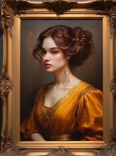 portrait of a girl,victorian lady,romantic portrait,portrait of a woman,fantasy portrait,mystical portrait of a girl,woman portrait,vintage female portrait,mary-gold,gold frame,gothic portrait,young woman,artist portrait,portrait background,jane austen,golden frame,peony frame,girl portrait,copper frame,emile vernon,Conceptual Art,Fantasy,Fantasy 17