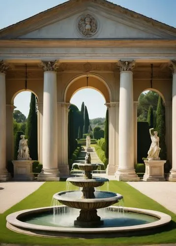 Palladian architecture, grand villa, Renaissance style, symmetrical facade, Corinthian columns, ornate architrave, rusticated base, marble statues, carved stone decorations, sprawling gardens, serene 