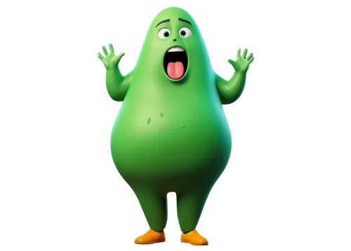 Comical cartoon character, green skin, big belly, surprised expression, open mouth, tongue out, burping sound effect, funny gesture, casual clothing, sloppy posture, warm lighting, soft focus, comedic