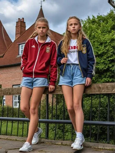 Englische Jugend,two girls wearing jackets and shorts, standing in front of a fence,rechter,byker,childrenswear,danes,two girls,gazelles,Photography,General,Realistic