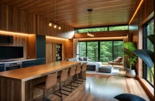 wood casework,modern kitchen interior,modern kitchen,interior modern design,kitchen design,mid century house,cabinetry,bohlin,paneling,contemporary decor,cabin,prefab,kitchen interior,dark cabinetry,hardwood floors,modern decor,timber house,big kitchen,forest house,breakfast room