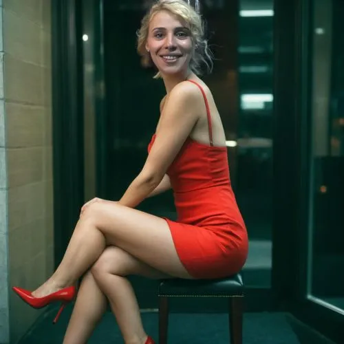 wearing short red business dress and red high heels, thick thighs,girl in red dress,man in red dress,in red dress,red dress,short dress,lady in red,sexy woman,a girl in a dress,cocktail dress,looking 