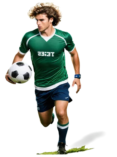 Male athlete, football player, dynamic action, running, kicking ball, sweaty face, messy hair, athletic build, muscular legs, football jersey, shorts, shin guards, cleats, green grass, stadium lights,