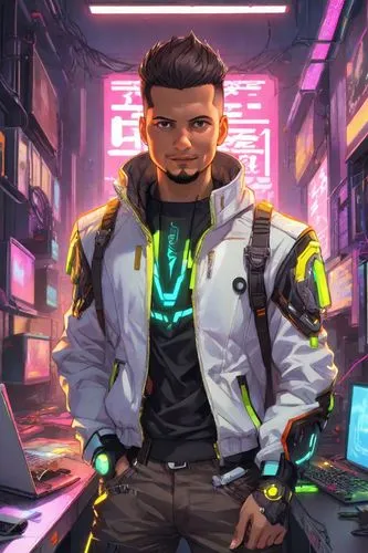 cyberpunk,cg artwork,engineer,dj,mechanic,rein,neon human resources,electro,cyber,technician,twitch icon,biologist,portrait background,game illustration,cable innovator,cyborg,electrician,voltage,background image,vendor,Digital Art,Anime