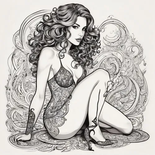 pinup girl,poison ivy,watercolor pin up,pin-up girl,valentine pin up,retro pin up girl,pin up girl,doily,christmas pin up girl,vintage drawing,fashion illustration,valentine day's pin up,pin ups,pin up,dryad,neo-burlesque,ivy,pin-up,scarlet witch,pin-up model,Illustration,Black and White,Black and White 05