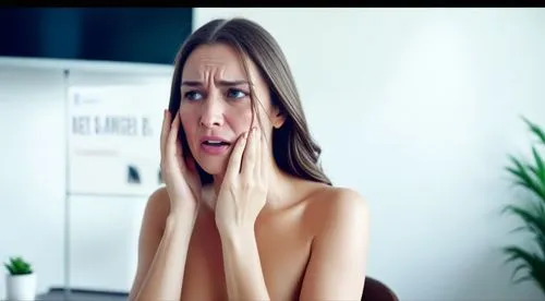 woman in office not wearing any clothes. She is crying whilst talking to manager,a woman holding her face up with a hand,anorexia,vaanii,scared woman,aatma,rexona,psychidae