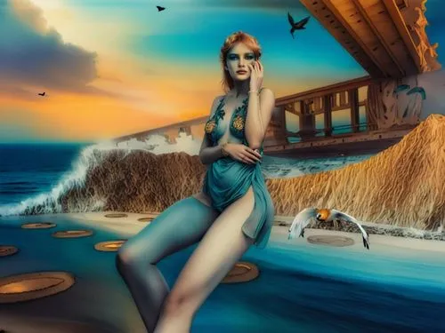 beautiful nude female 35 45 from brazil infront of the sea wave and amazing sunset flying bird above ,the painting is of a woman in blue,amphitrite,mermaid background,fantasy picture,stiltsville,fanta