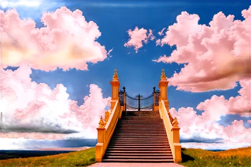 Heavenly scenery, fluffy white clouds, golden gates, stairs ascending to sky, angels flying, gentle soft light, pastel colors, 3/4 composition, shallow depth of field, warm color tone, cinematic light