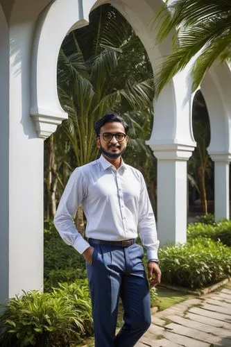 Male architecture designer, 30s, stylish hair, black framed glasses, formal attire, white shirt, black tie, dark blue trousers, leather shoes, holding blueprints, standing, Jhenidah Bangladesh local a